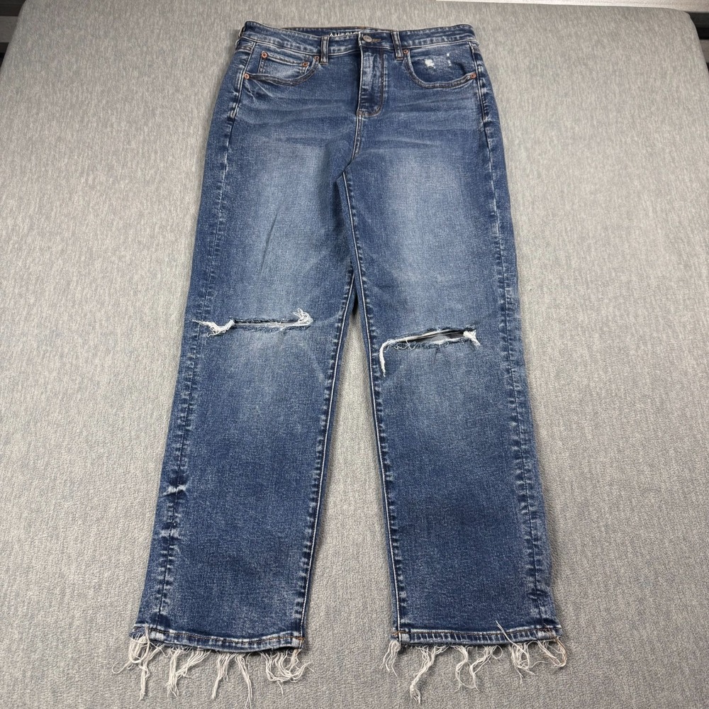 American Eagle Jeans Womens 12 Blue Slim Straight Super Stretch Destroyed Frayed